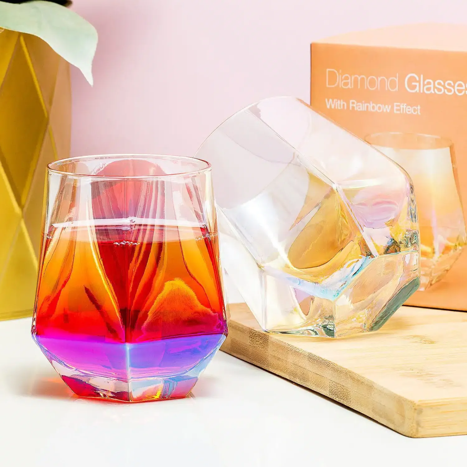 Ditverzinjeniet Mokken & Glazen|Diamant glas met regenboogeffect (set van 2)