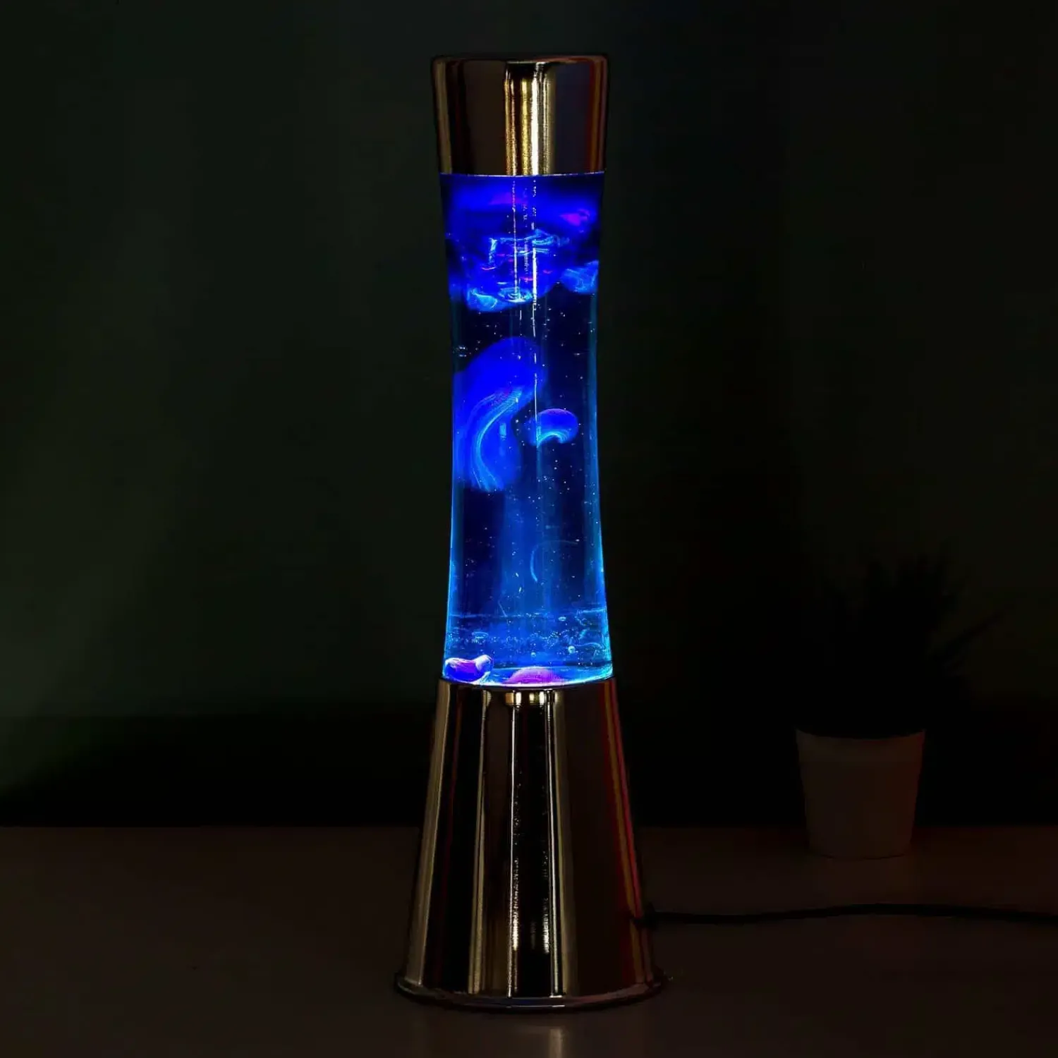 Ditverzinjeniet Verlichting|Lavalampen|Lavalamp zilver met blauwe vloeistof en navy lava