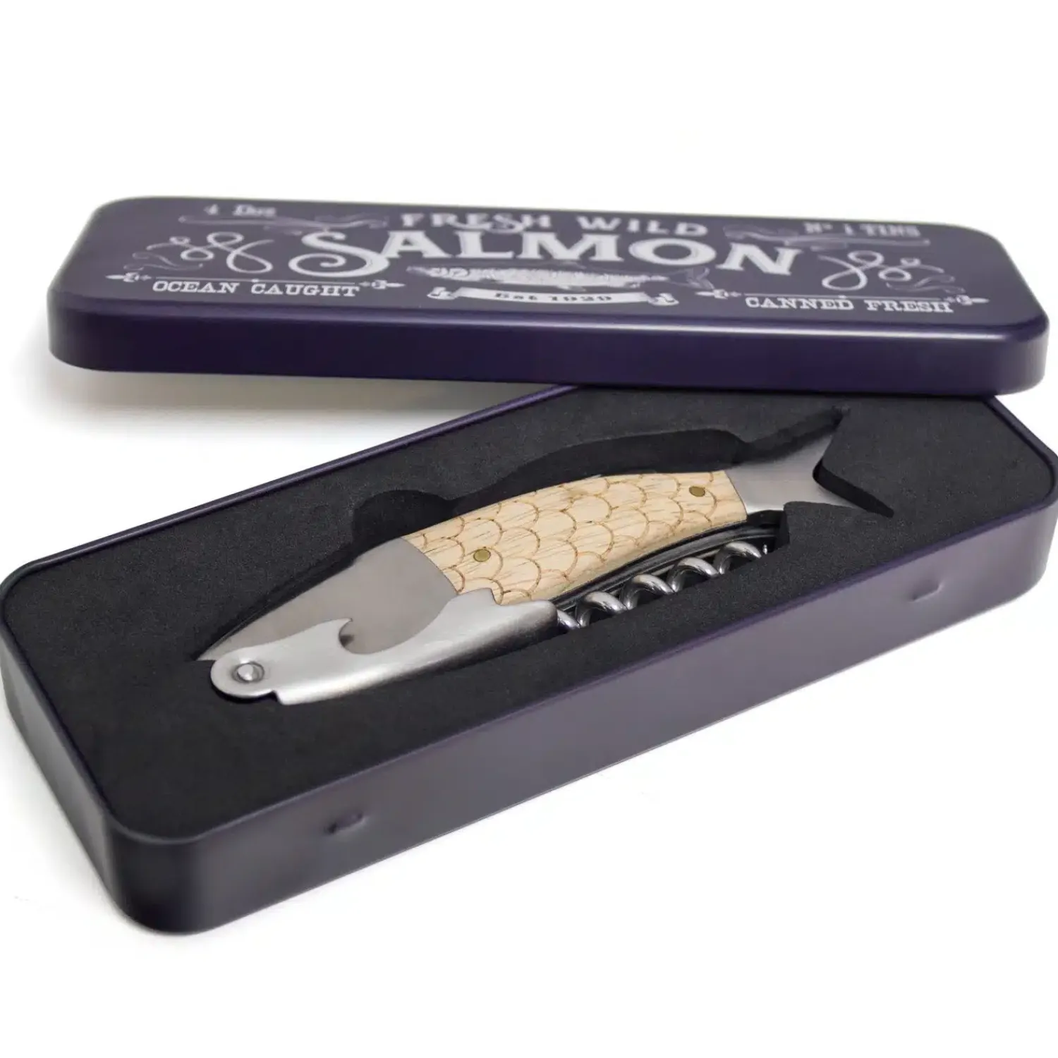 Ditverzinjeniet Borrelen|Flesopeners|Zalm kurkentrekker in cadeaublik